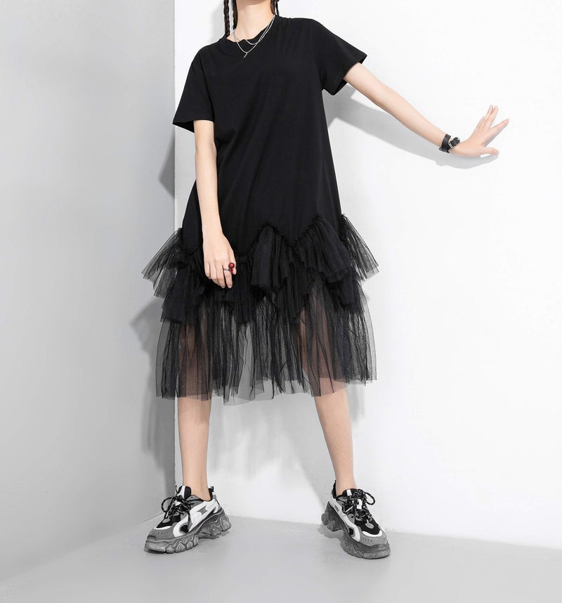 ellazhu Women's Casual Short Sleeve Crew Neck Tutu Tulle Dress with an Oversized Fit GY2266 Black - Image 4